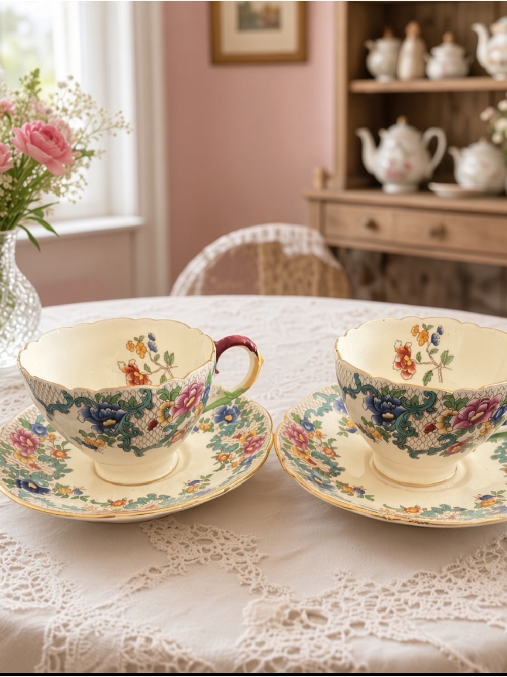 Royal Cauldon “Victoria” Pattern Teacups & Saucers – Pair